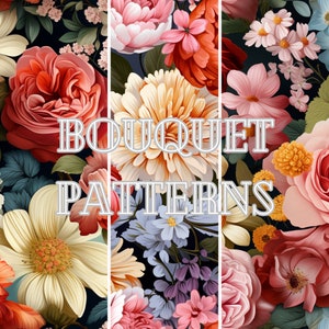 Floral Bouquet Seamless Patterns: Three 12&quot;x12&quot; 300DPI PNG Images