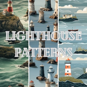 May include: Three different patterns featuring lighthouses. The first pattern shows a red and white lighthouse on a rocky island with blue water and white waves. The second pattern shows a variety of lighthouses in different colors and styles on a blue background. The third pattern shows a single lighthouse on a small island with blue water and white waves.