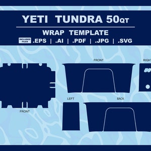 May include: A template for wrapping a Yeti Tundra 50qt cooler. The template includes five pieces: front, back, left, right, and lid. The template is in black and white and includes the text "YETI TUNDRA 50QT" and "WRAP TEMPLATE".