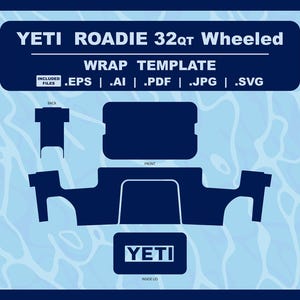 May include: A black and white template for wrapping a YETI ROADIE 32QT Wheeled cooler. The template includes the front, back, and inside lid of the cooler. The template is available in .EPS, .AI, .PDF, .JPG, and .SVG formats.