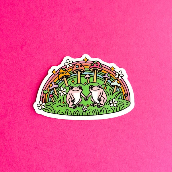 happy frogs sticker · holding hand frogs sticker · kindle sticker · rainbow and mushroom sticker · bookish sticker · die cut sticker
