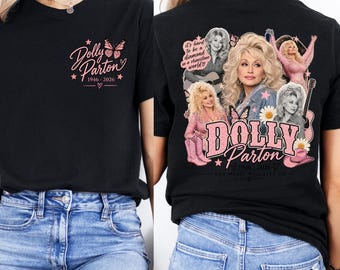 May include: A black t-shirt featuring a small pink graphic on the front with the text Dolly Parton 1946-2026 and a butterfly. The back displays multiple images of Dolly Parton, pink text reading Dolly Parton 1946-2026, and a quote about diamonds.
