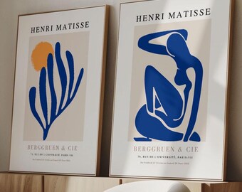 Set mit 2 Henri Matisse Ausstellungsdrucken, minimalistisches blaues Kunstwerk