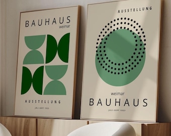 Set of 2 Green Bauhaus Exhibition Poster, Minimalist Geometric Wall Art Print