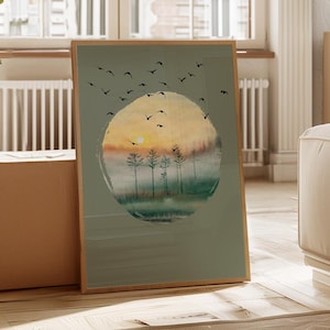 Flock of Flying Birds Print - Watercolour Landscape - Framed Wall Art -  Landscape Art - Large Wall Art - Housewarming Gift