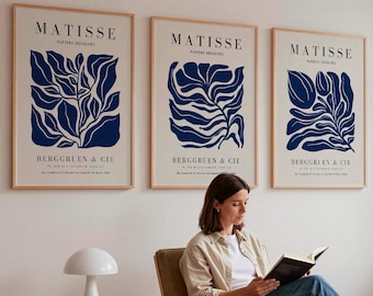Henri Matisse Botanical Poster Set of 3, Blue Abstract Leaf Prints, French Exhibition Wall Art