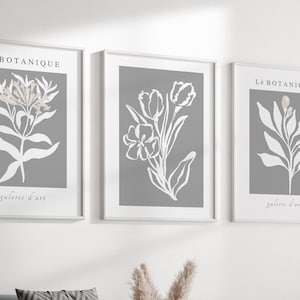 Set of 3 Gray Wall Prints - Framed Wall Art - Gray Wall Art - Large Wall Art - Botanical Prints - Modern Flower Wall Art - Gray Wall Decor
