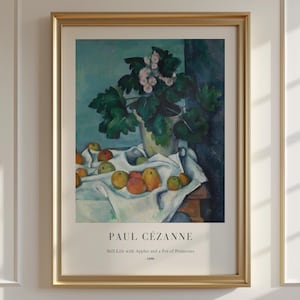 Paul Cezanne - Still Life with Apples and a Pot of Primroses 1890 Framed Wall Art Vintage Kitchen Still Life Painting, Antique Oil Painting