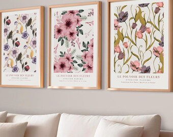 Soft Floral Poster Set of 3 – Vintage Botanical Prints in French Style, Romantic Neutral Wall Art