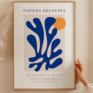 Stampa Matisse blu, arte murale incorniciata, Papiers Decoupes, grande arte murale, Mid Century Modern, decorazione della camera da letto Arte murale blu