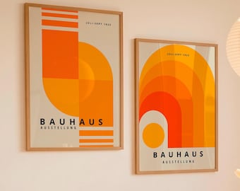 Set med 2 Bauhaus orange geometriska posters, modern väggkonst i mitten av århundradet