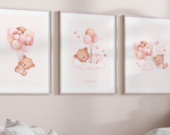 Pink Teddy Bear Nursery Prints: Set of 3 Framed Wall Art