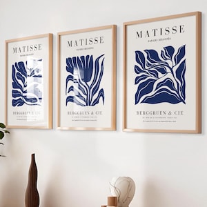 Set of 3 Blue Matisse Flowers Prints - Framed Wall Art - Botanical Wall Art - Gallery Wall Set - Large Wall Art - Blue Wall Art