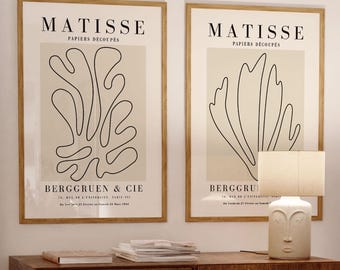 Minimalist Matisse Print Set of 2: Beige Abstract Art, Mid-Century Modern Framed Wall Art