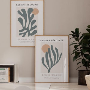 Green Matisse Print Set of 2 - Framed Wall Art - Mid Century Modern - Beige Wall Art -  Papiers Decoupes - Green Wall Art