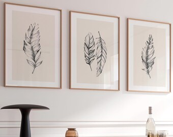 Minimalist Feather Wall Art Set of 3, Neutral Botanical Line Drawing Prints, Scandinavian Decor