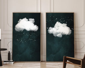 Emerald Green Set of 2 Cloud Prints, Sage Green Wall Art, Abstract Wall Art, Modern Wall Art, Large Wall Art, Cloud Wall Art, DIGITAL