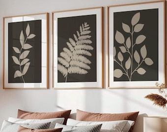 Minimalist Botanical Prints Set of 3 – Neutral Leaf Wall Art, Scandinavian Decor