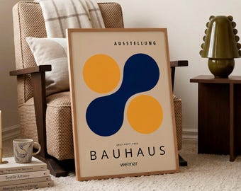 Blauwgele Bauhaus-kunstdruk - moderne ingelijste muurkunst halverwege de eeuw