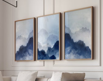 Blue Watercolor Landscape Set of 3, Watercolor Mountain Poster, Blue Wall Art, Bedroom Wall Decor over the Bed, DIGITAL DOWNLOAD