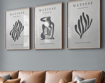 Minimalist Gray Matisse Poster Set of 3, Abstract Neutral Wall Art