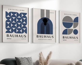 Bauhaus geometriska posters set med 3, modern blå abstrakt väggkonst i mitten av århundradet