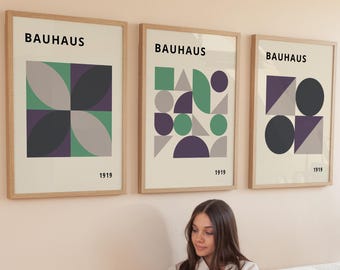 Set of 3 Bauhaus Prints, Geometric Wall Art in Soft Green and Neutral Tones