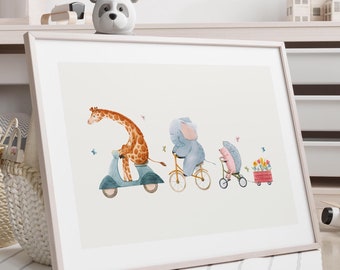 Animals on Bicycle Watercolor Print – Nursery Wall Art