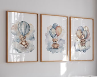 Teddy Bear Balloon Print Set: Neutral Nursery Wall Art