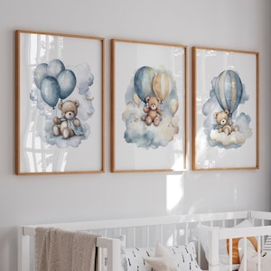 Juego de 3 impresiones de acuarela de osos de peluche, decoración de guardería de osos, arte de pared de guardería, impresión de bebé niño, decoración de pared de guardería con globos, pared de guardería azul
