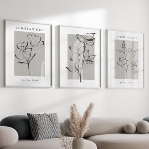 Set of 3 Gray Wall Prints - Framed Wall Art - Gray Wall Art - Large Wall Art - Botanical Prints - Modern Flower Wall Art - Gray Wall Decor