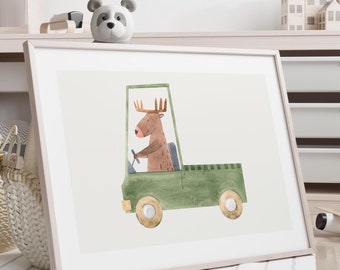 Deer Driving Print - Nursery Decor - Framed Wall Art - Animal Print - Baby Shower