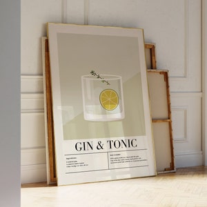 Impresión de gin tonic, impresiones de carrito de bar con arte de pared enmarcado, póster de gin tonic, póster de alcohol, póster de receta de cóctel, póster de cóctel
