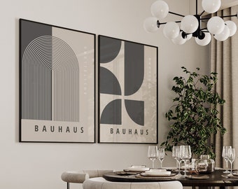 Set of 2 Neutral Bauhaus Print Set, Minimalist Geometric Wall Art Duo