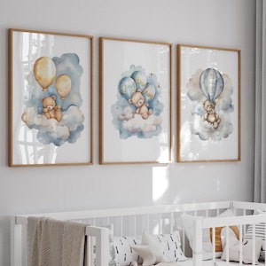 Set of 3 Teddy Bear Watercolor Print, Bear Nursery Decor, Nursery Wall Art, Baby Boy Print, Balloon Nursery Wall Decor, Blue Nursery Wall