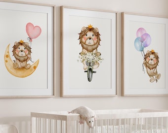Lion with Crown Nursery Prints Set - Baby Room Wall Art
