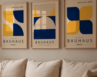Bauhaus geometriska posters set med 3, blågul väggkonst i modern stil, mitten av århundradet