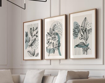 Neutral Botanical Wall Art Set of 3,  Abstract Plant Prints, Scandinavian Wall Decor