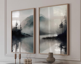 Watercolor Landscape Set of 2 Prints - Framed Wall Art - Sage Green Wall Art - Triptych Wall Art - Landscape Wall Art