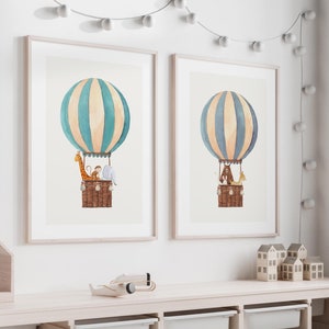 Set of 2 Animals in a Hot Air Balloon Prints - Framed Wall Art - Nursery Decor - New Baby Gift