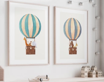 Animals in Hot Air Balloon Prints: Nursery Wall Art Set