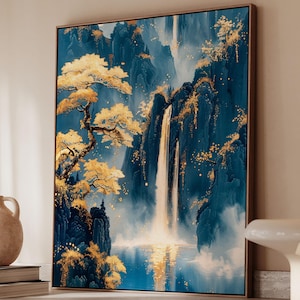 Tableau encadré Paysage japonais : peinture cascade