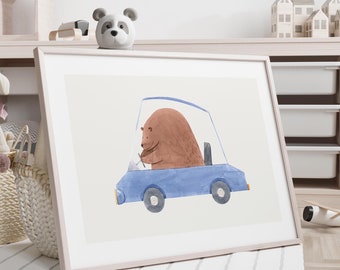 Bear Driving Car Print: Nursery Wall Art
