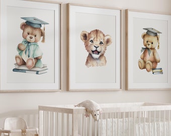 Teddy Bear & Lion Nursery Prints: Set of 3 Framed Wall Art