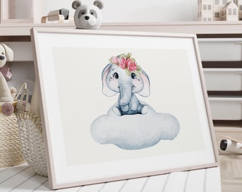Elephant on Cloud Print: Blue Nursery Wall Art