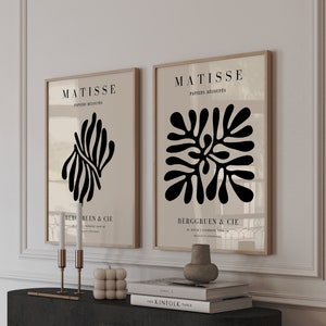 Juego de 2 impresiones de Matisse, arte mural enmarcado, estilo moderno de mediados de siglo, recortes de Matisse, juego de galería para pared, arte mural grande