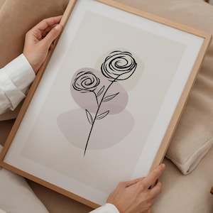 Boho Flower Line Art Print, Framed Wall Art Neutral Botanical Print, Botanical Wall Art, Flower Poster, Large Wall Art