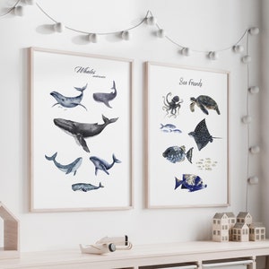 Set van 2 Sea Friends-prints - ingelijste kunst aan de muur - walvis print - decoratie kinderkamer - cadeau nieuwe baby - babyshower