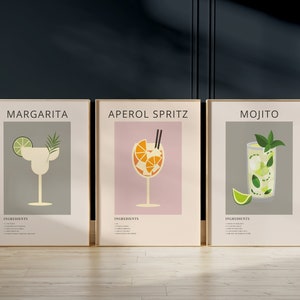 Zestaw 3 wydruków koktajlowych Aperol Spritz Print, oprawiona sztuka ścienna Bar Cart Prints, wydruk Margarita Print, wydruk Mojito Print, plakat z przepisem na koktajl