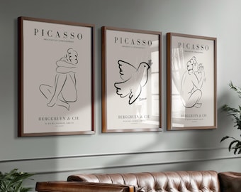Set of 3 Framed Picasso Prints: Dove of Peace, Modern Gallery Wall Art
